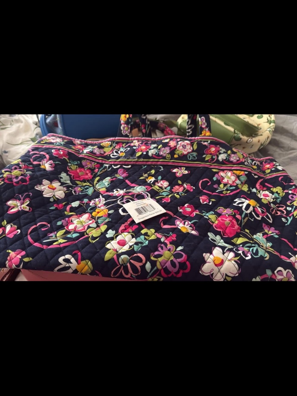 Vera Bradley Quilted Navy Tote with Pink & Multi Floral Print